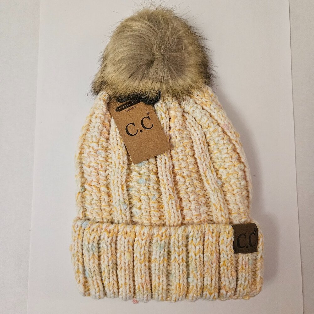 C.C Knit Pom Hat Sherpa Lined Ivory Confetti Multi NWT